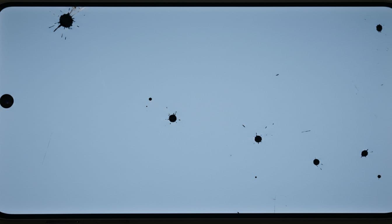 Close-up view of a Samsung Galaxy S series smartphone screen displaying small irregular black spots from impact damage, realistic photography with bright lighting and plain background.