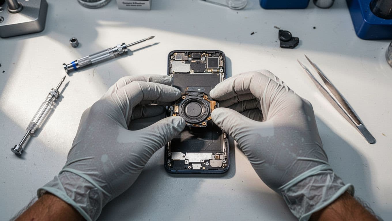 Repair technician's gloved hands carefully replacing the speaker module in an open Samsung Galaxy phone within a clean workshop, surrounded by precision tools like screwdrivers and tweezers.
