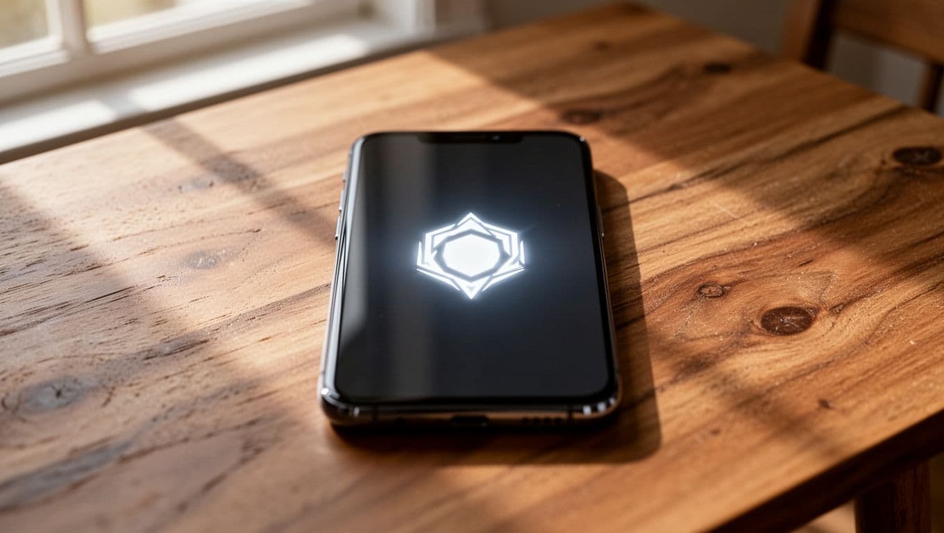 Close-up of a Samsung Galaxy smartphone screen frozen on the Samsung logo during boot-up, placed on a wooden table with soft natural lighting and high detail on the screen glow.
