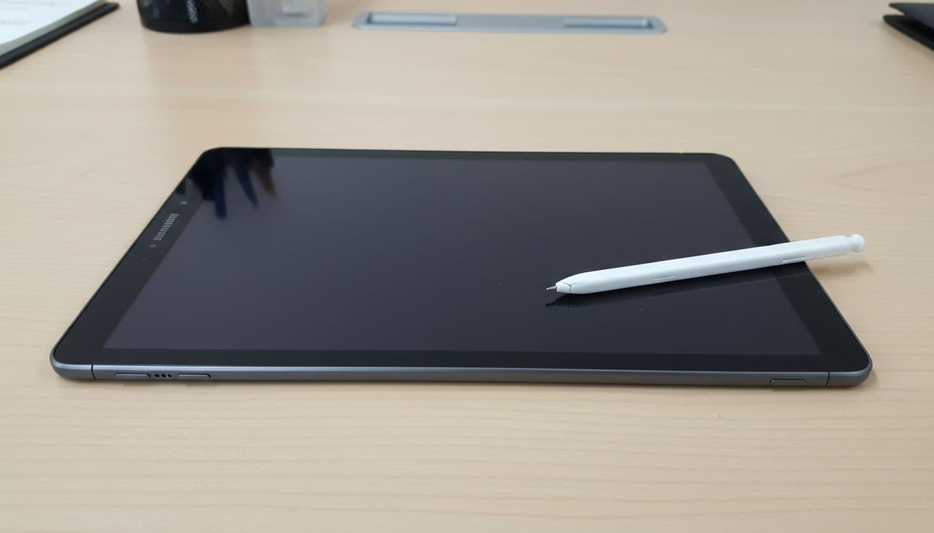 Samsung Galaxy Tab with detached S Pen stylus on a table, featuring subtle drop damage like a small crack on the stylus tip, in soft office lighting and top-down realistic photo style.