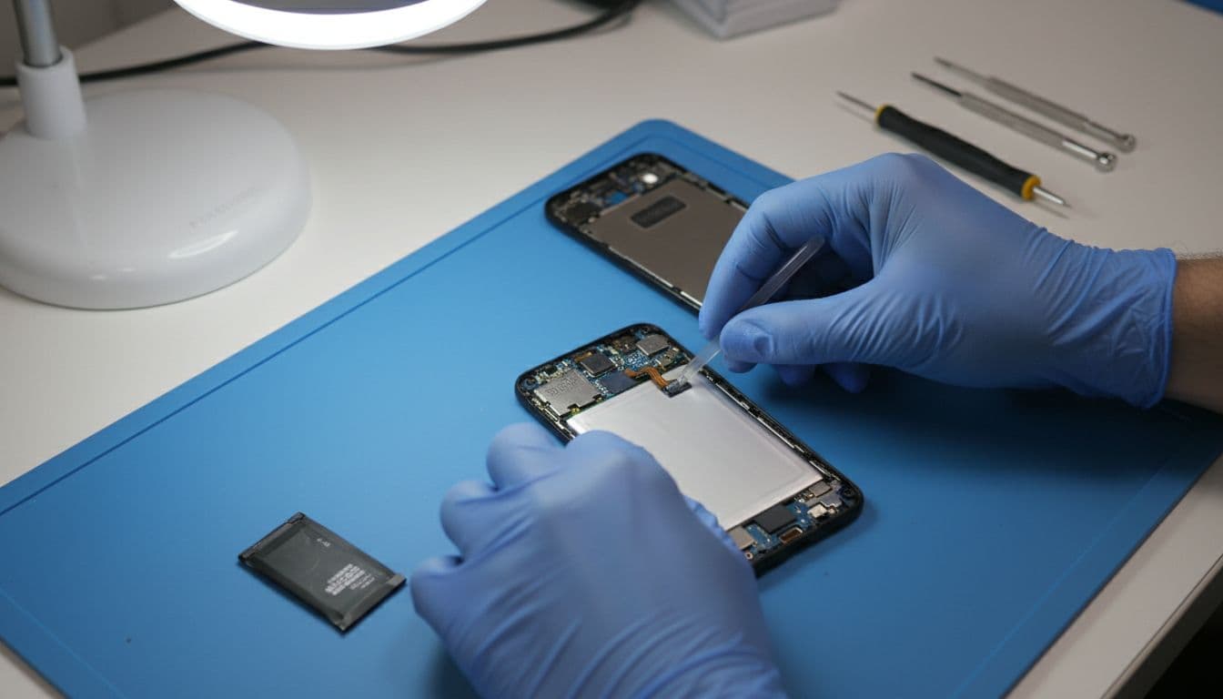 Technician's hands carefully replacing a Samsung phone battery in a clean repair workshop, with phone case open on workbench and new battery installed, focusing on the repair process under soft overhead lighting.