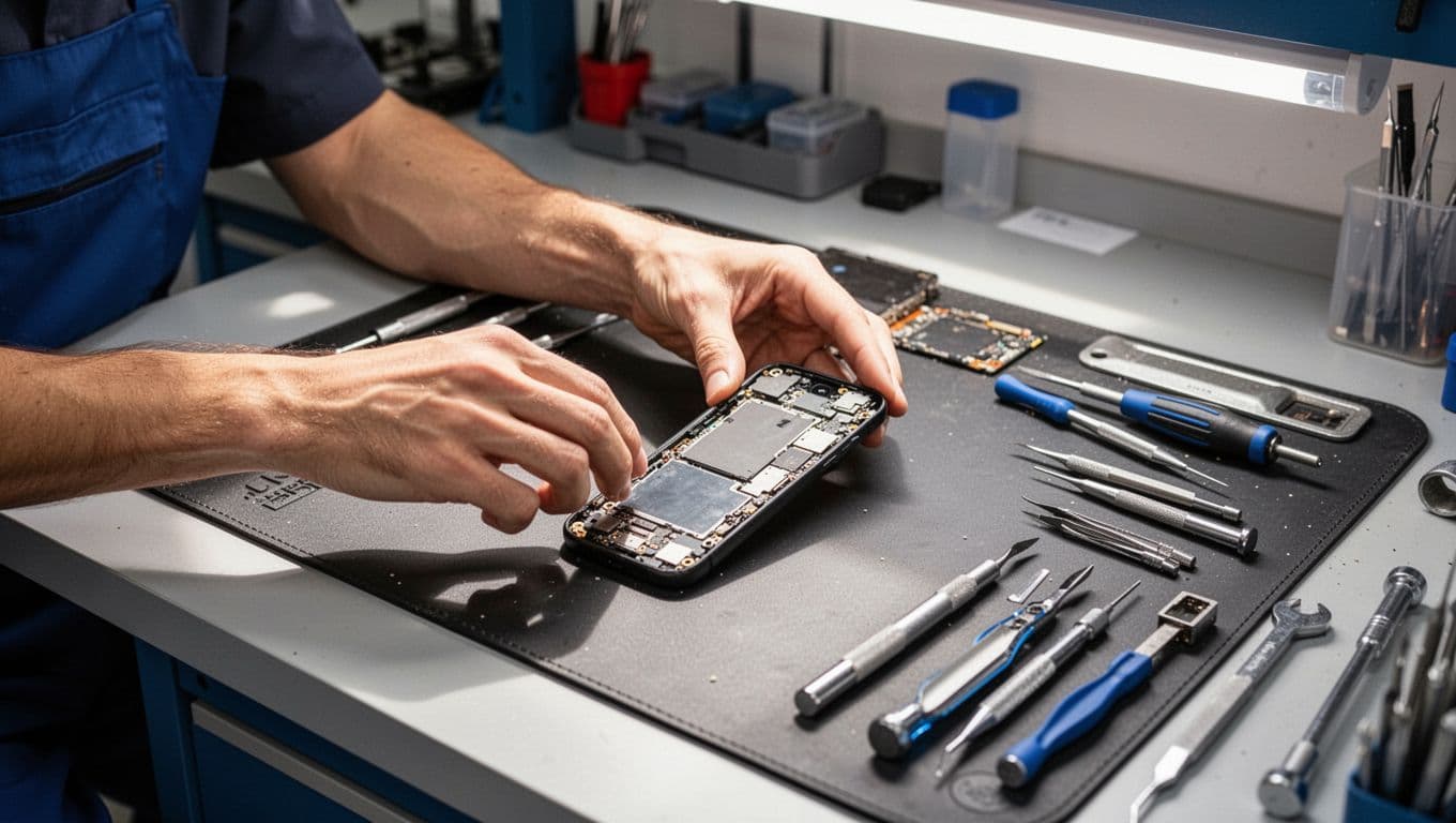 Professional repair technician at a clean workshop bench working on a disassembled Samsung phone motherboard, surrounded by precision tools and anti-static mat under bright overhead lighting.