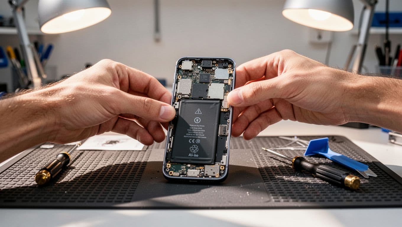 Close-up of a technician's hands in a bright workshop disassembling a Samsung phone, focusing on the motherboard and battery area with tools on an anti-static mat.