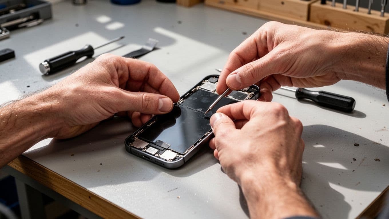 Repair technician's hands carefully disassembling a Samsung phone screen on a clean workshop bench, with tools nearby, focusing on the screen removal process under natural lighting.