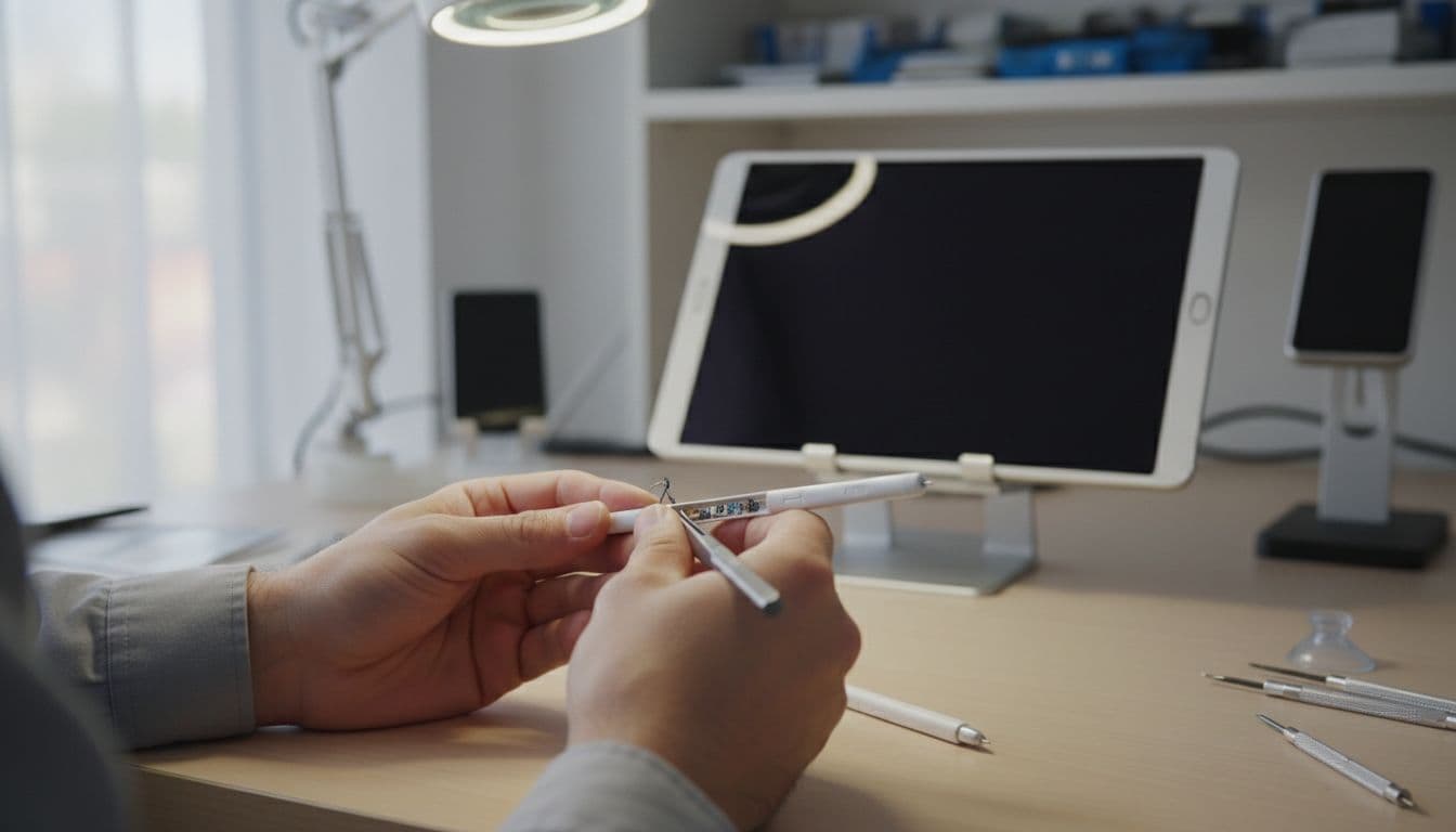 Close-up of a technician's hands carefully repairing a Samsung S Pen stylus on a workbench, with tools like screwdriver and tweezers nearby, and a Samsung tablet in the background in a clean workshop.