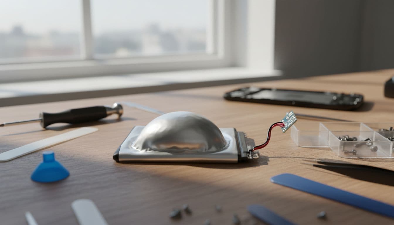 Close-up view of a swollen Samsung smartphone battery removed from the phone, displaying the puffed-up lithium-ion cell on a repair bench in a bright workshop with tools nearby, realistic photography under natural daylight.