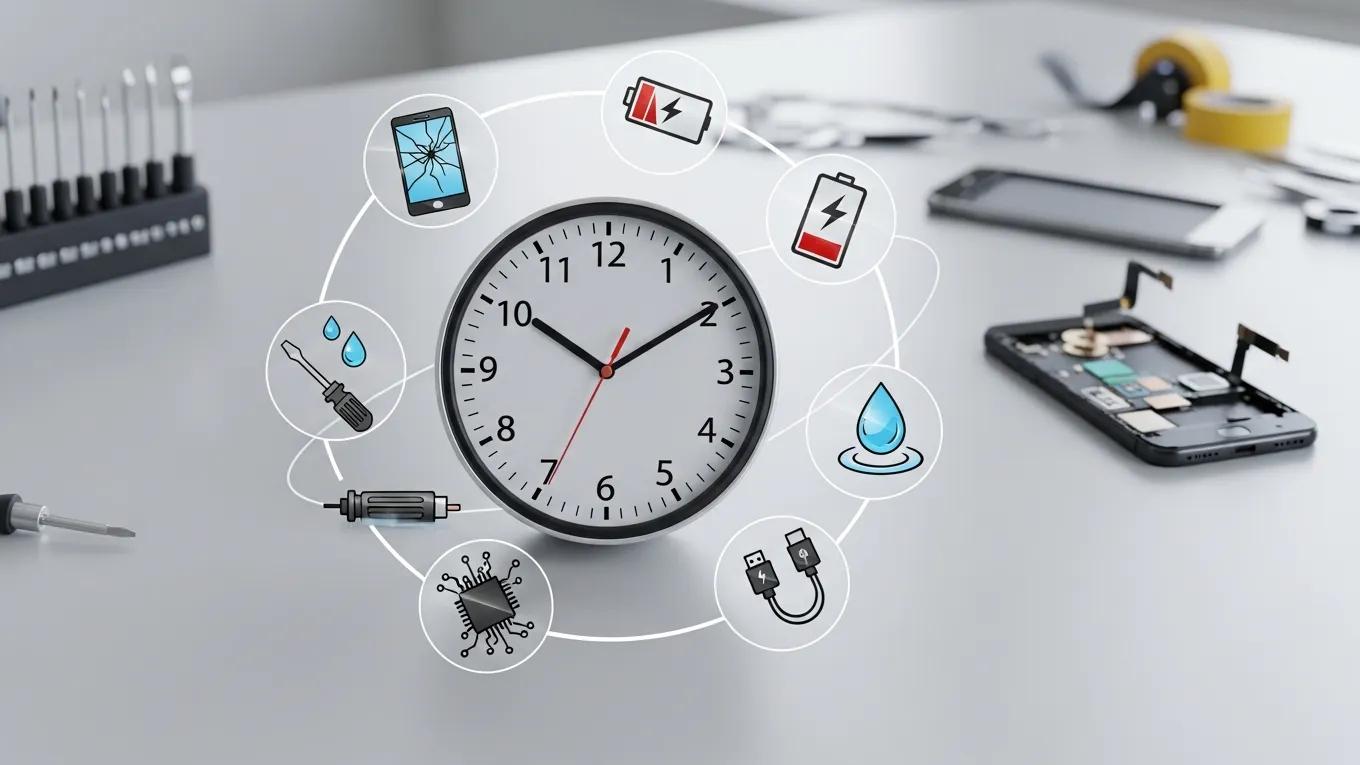 Clock surrounded by smartphone repair icons representing timelines in a modern workspace