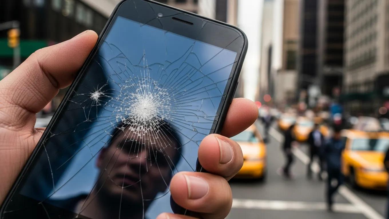 Close-up of a cracked smartphone screen held in a hand