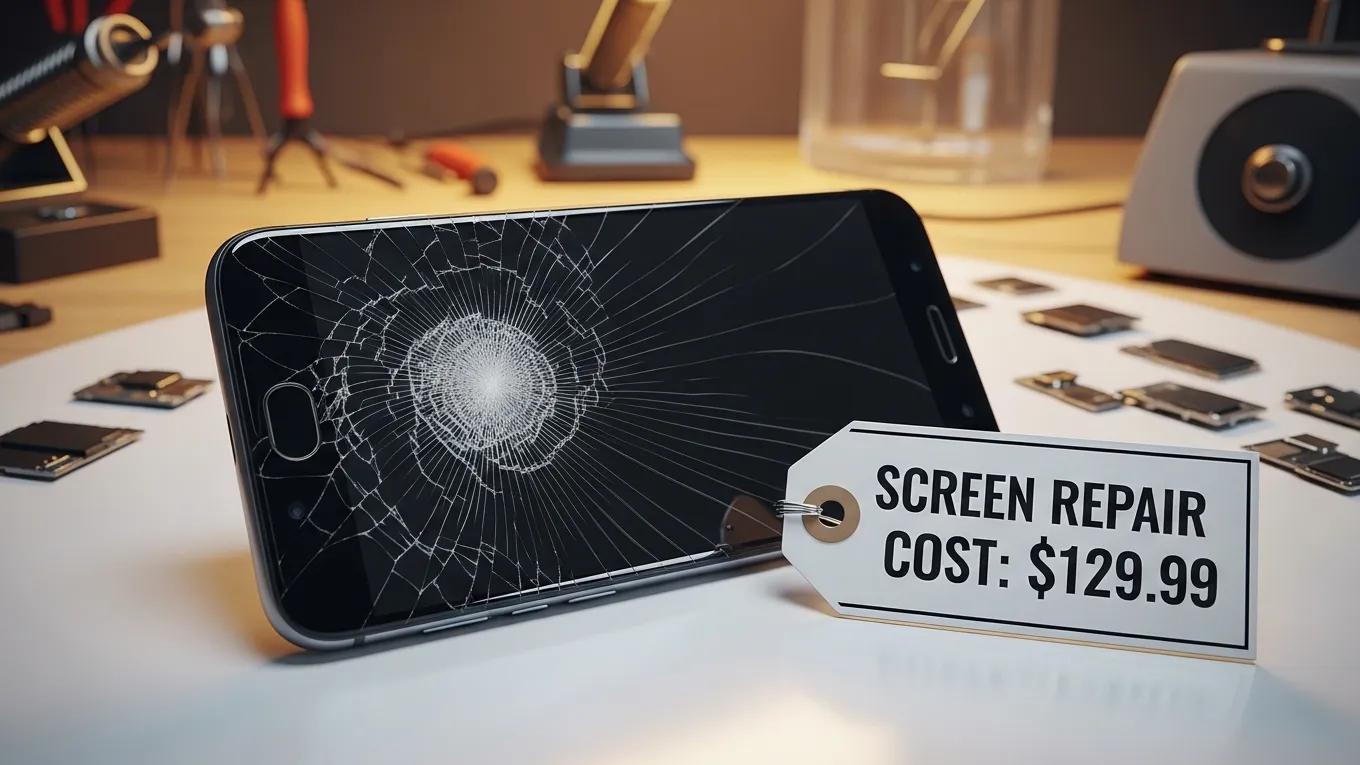 Close-up of a cracked smartphone with a price tag indicating repair costs in a repair shop