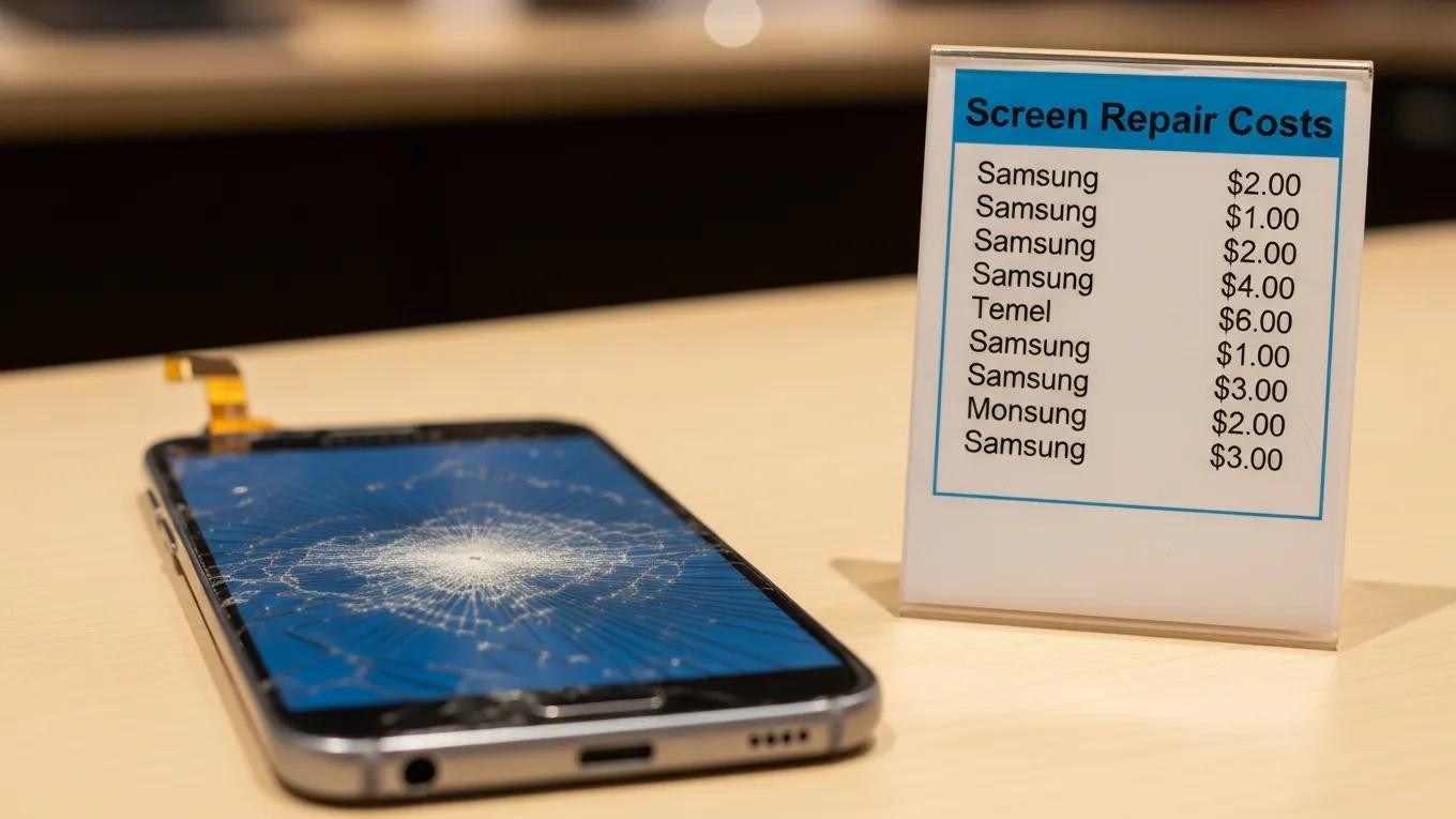 Close-up of a Samsung phone with a cracked screen and a price tag for repair costs