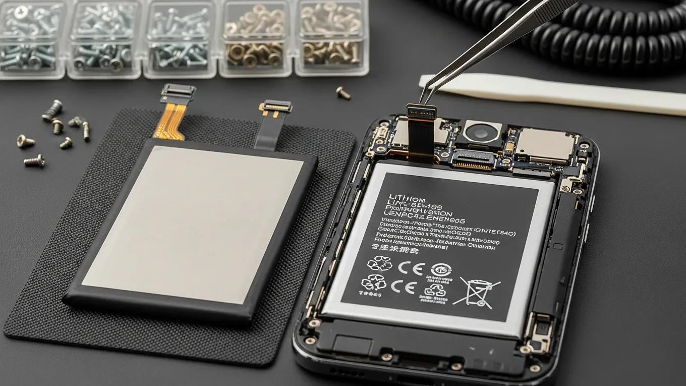 Close-up of a smartphone battery replacement process with old and new batteries