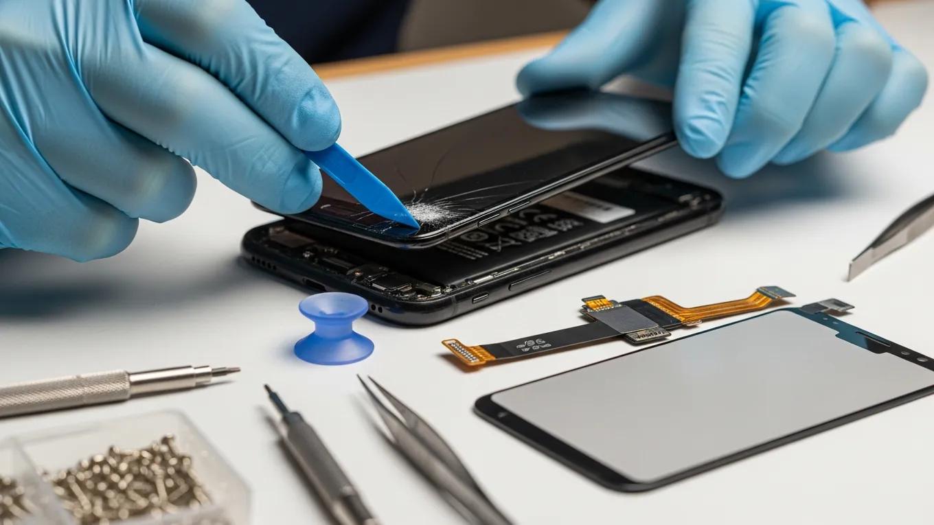Close-up of a smartphone screen replacement process, showcasing repair tools and parts