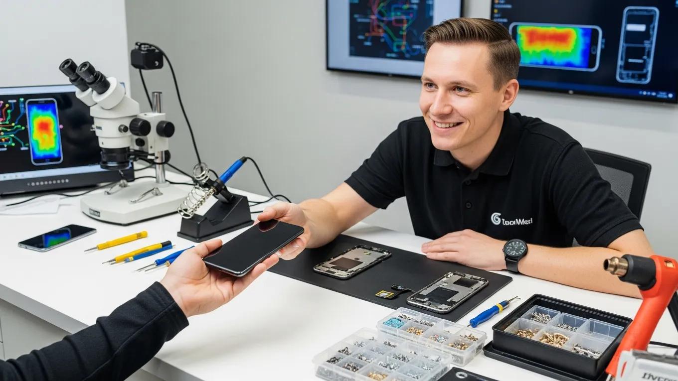 Customer handing over a smartphone for repair at a service counter
