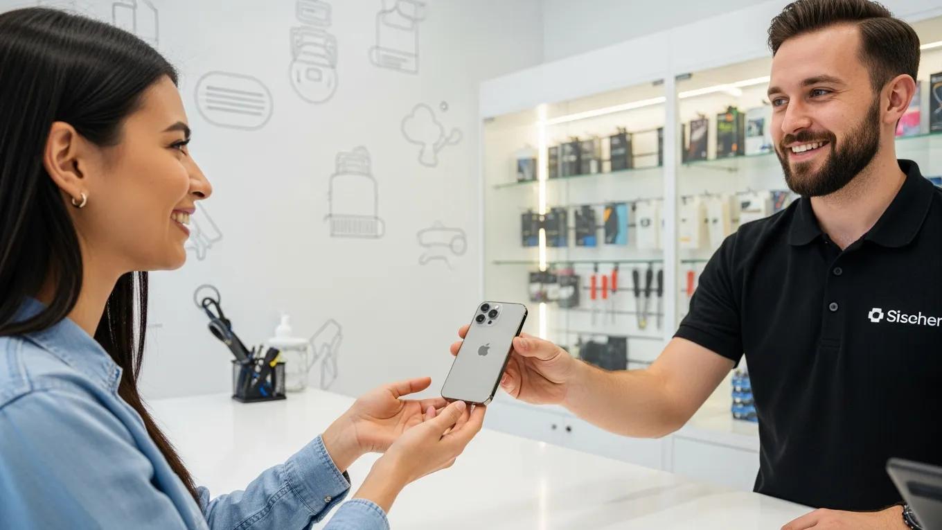 Customer receiving a repaired smartphone from a technician in a phone repair shop