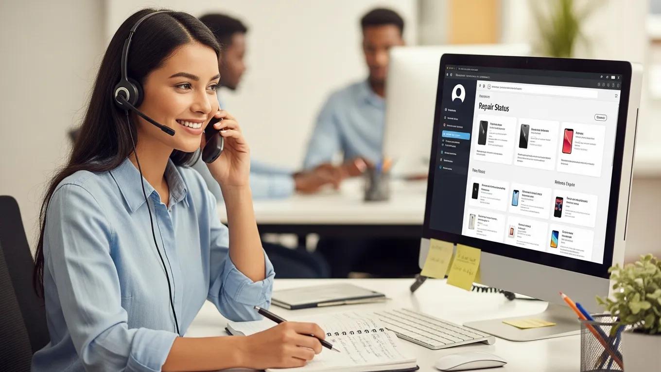 Customer service representative assisting a customer with iPhone repair inquiries