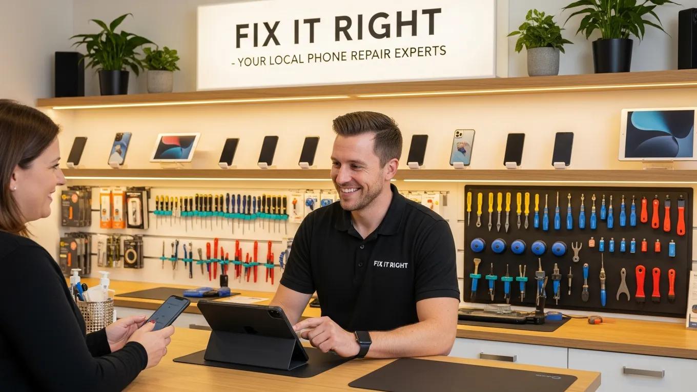Friendly technician assisting a customer in a local phone repair shop, showcasing trustworthiness