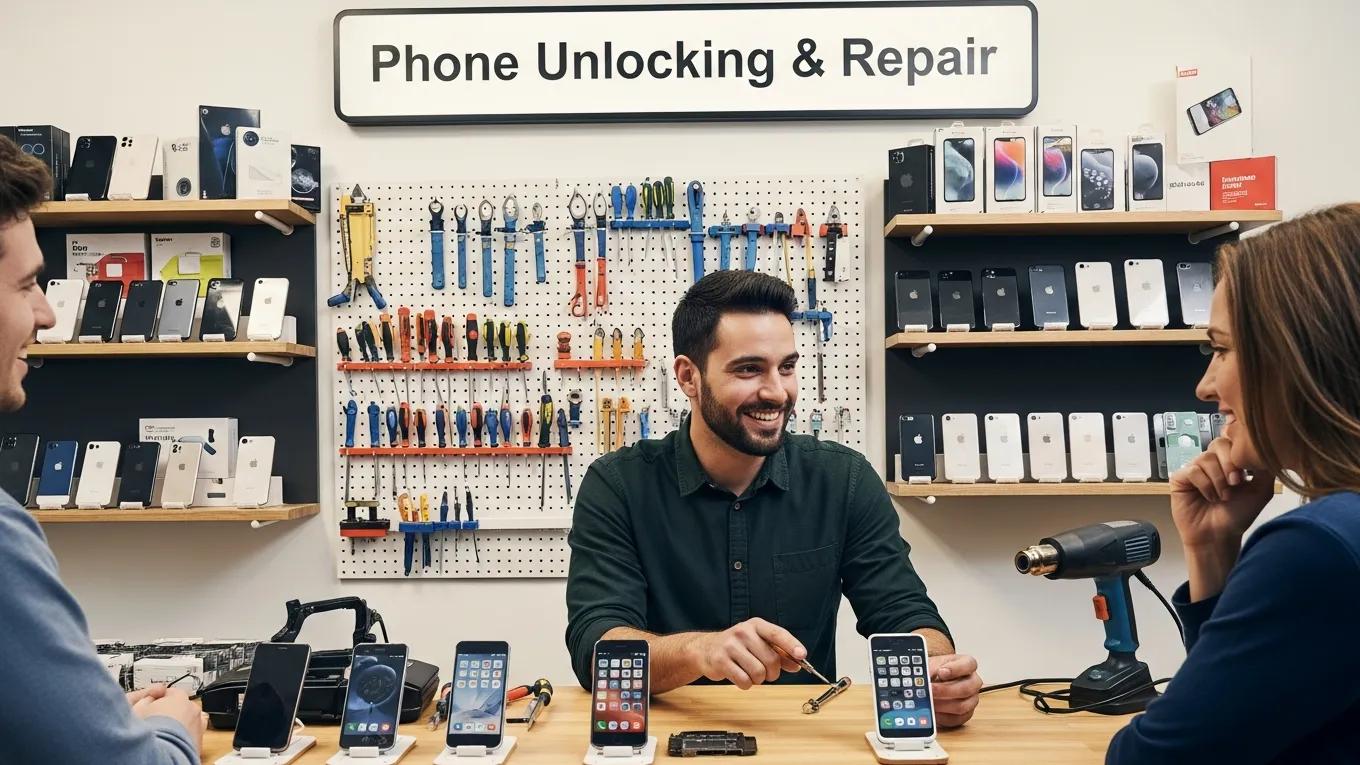 Friendly technician assisting a customer in a local phone unlocking shop