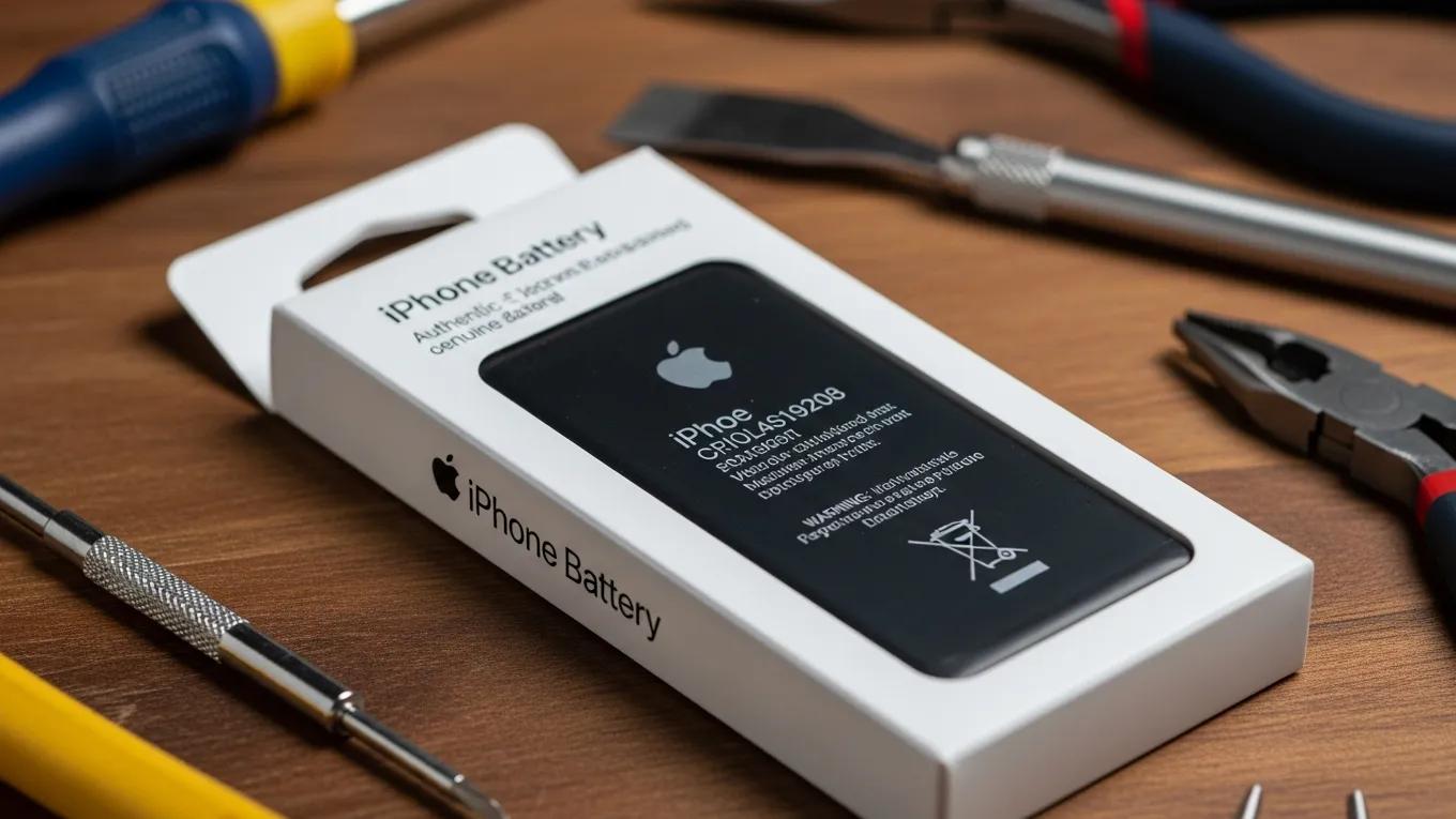 Genuine iPhone battery in branded packaging on a workbench