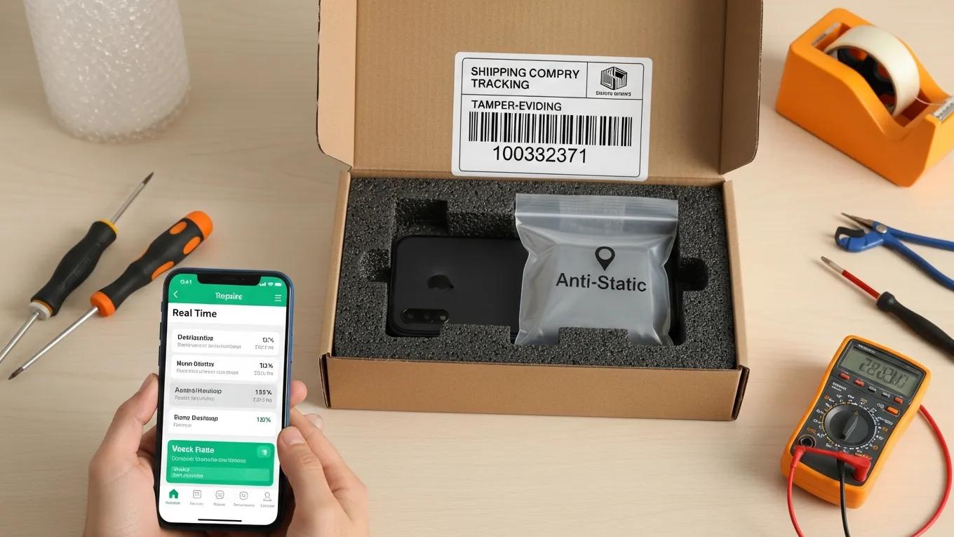 Illustration of security measures for postal phone repairs with packaged smartphone and tracking label
