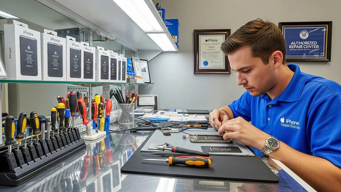 Interior of a local repair shop with a technician replacing an iPhone battery