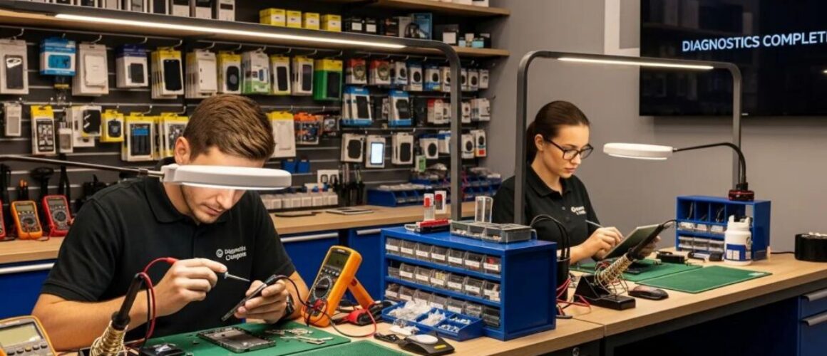 Modern phone repair shop with technicians repairing smartphones and tablets