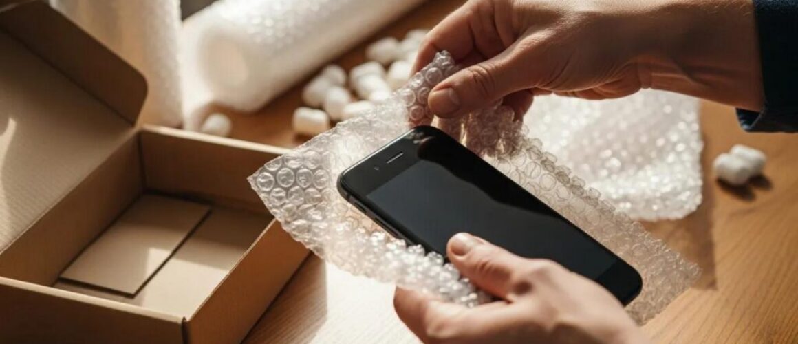 Person packaging a smartphone for mail-in repair with bubble wrap and a box