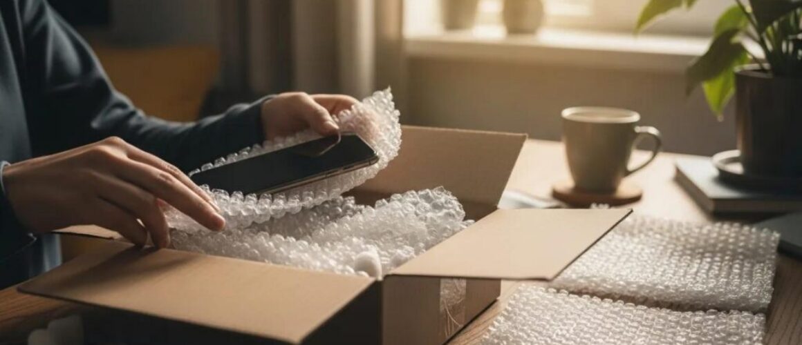 Person packaging a smartphone for mail-in repair with protective materials in a cozy home setting
