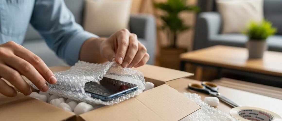 Person packaging a smartphone for postal repair, highlighting convenience and care