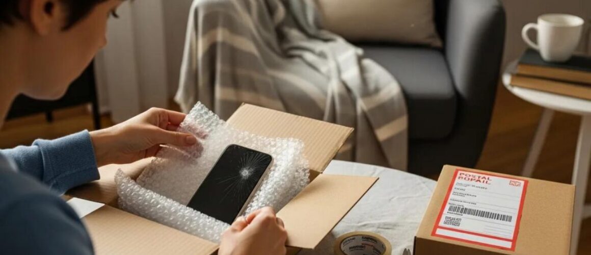 Person packaging a smartphone for postal repair with protective materials in a cozy home setting