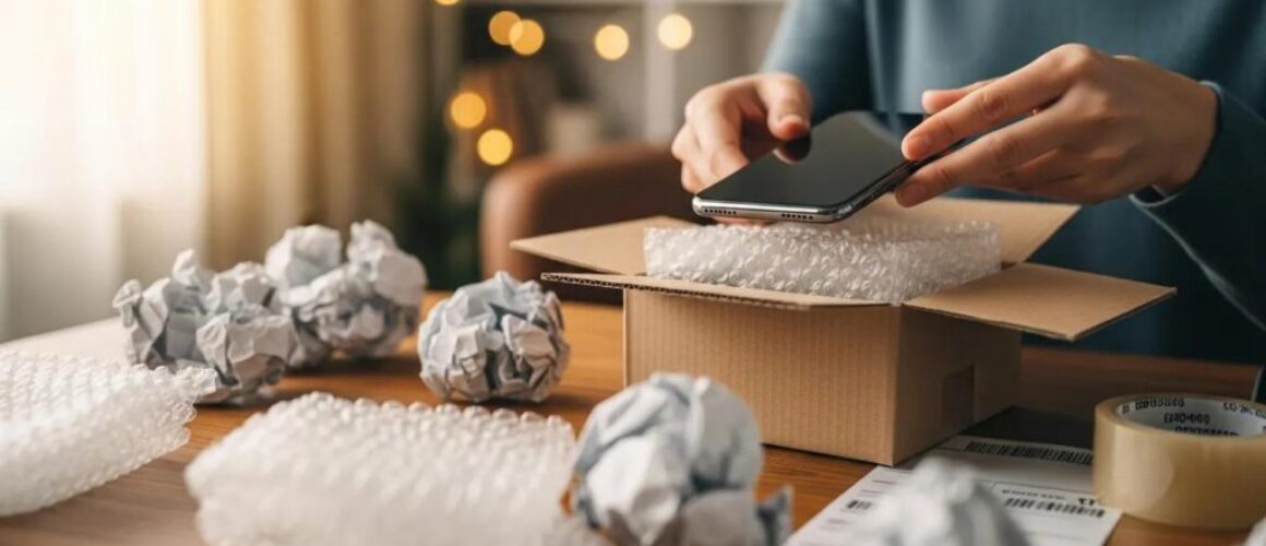 Person packaging a smartphone for repair with protective materials in a cozy home setting, Send your Phone for repair