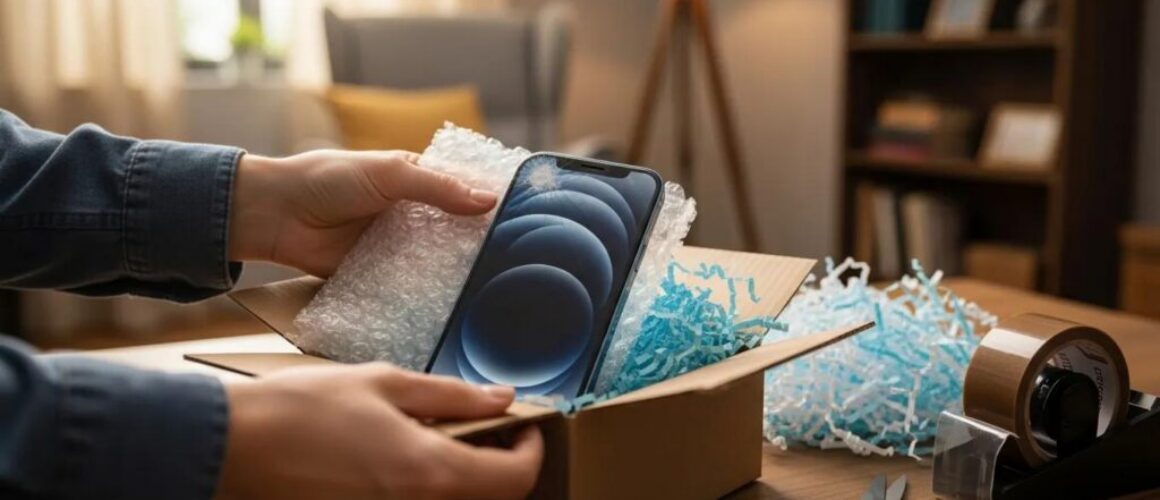 Person packing an iPhone for mail-in repair in a cozy home setting