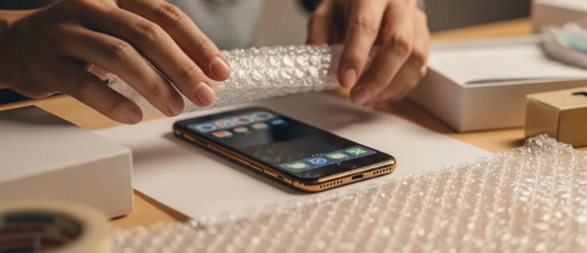 Person packing an iPhone for postal repair with care and attention