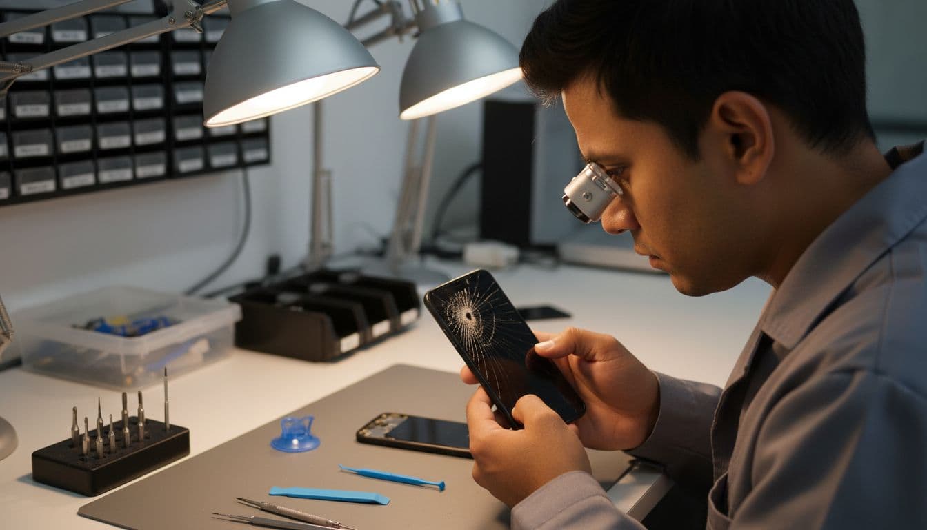 A technician wears precision gloves while carefully examining a shattered smartphone display at a bright, organized workbench. Various small metal screwdrivers and specialized calibration tools sit neatly arranged beside the damaged device.