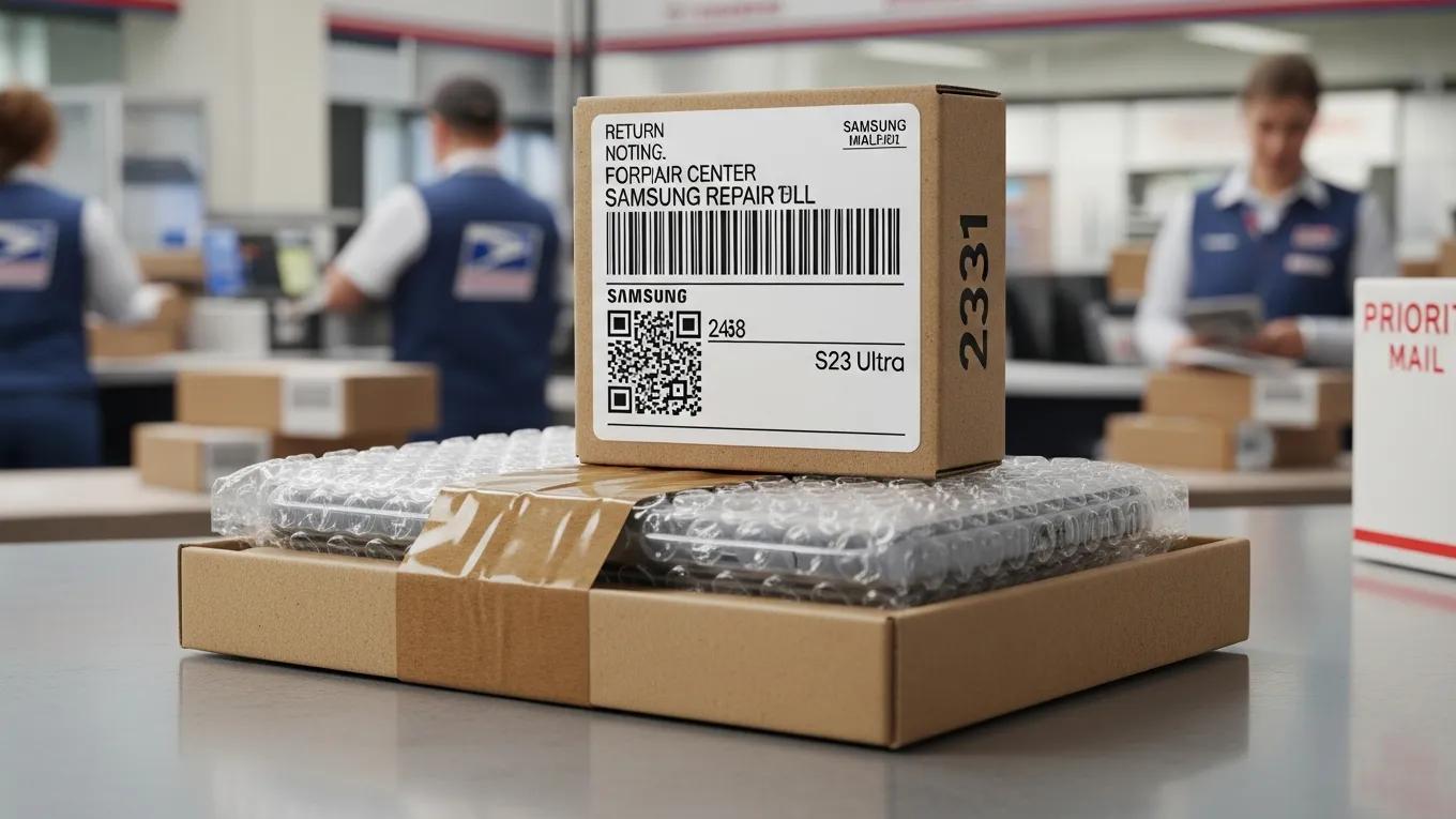 Samsung phone packaged for postal repair with shipping label and postal box