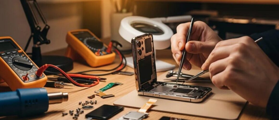 Samsung phone repair in a cozy workspace with a technician focused on the device