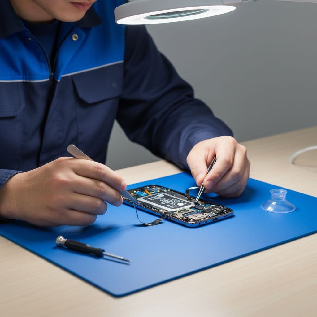 Technician at workbench repairs open Samsung smartphone with visible internals and nearby tools.
