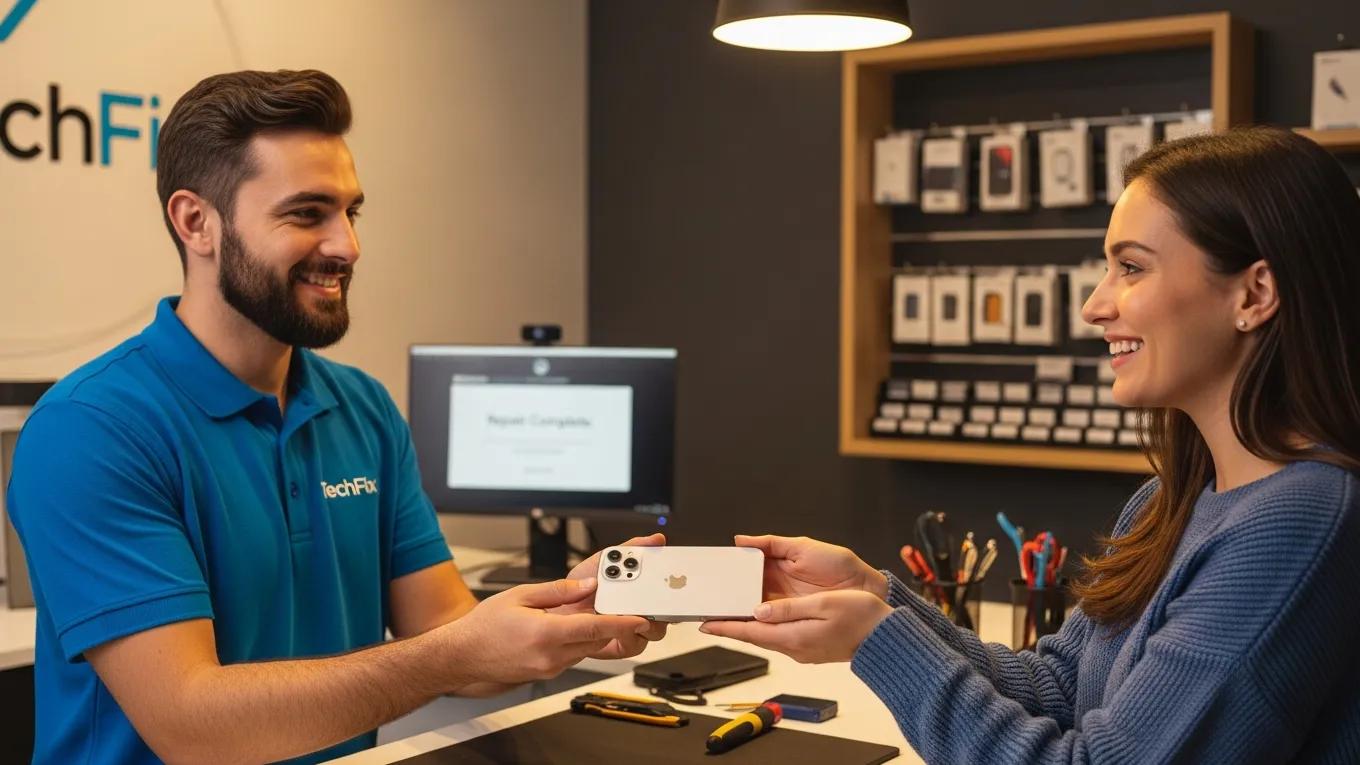 Satisfied customer receiving a repaired iPhone from a technician in a repair shop