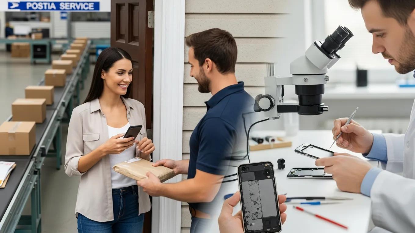Satisfied customer receiving repaired device at home with postal service and technician in background