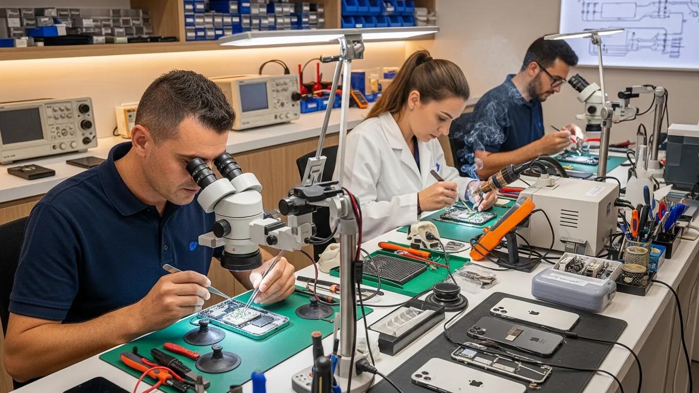 Skilled technicians repairing iPhones in a professional environment