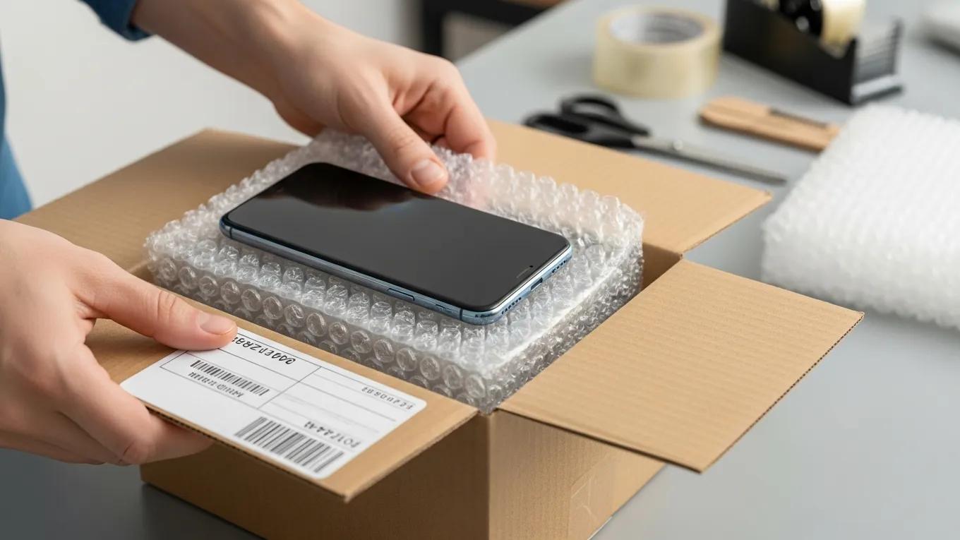 Smartphone being securely packaged for safe shipping