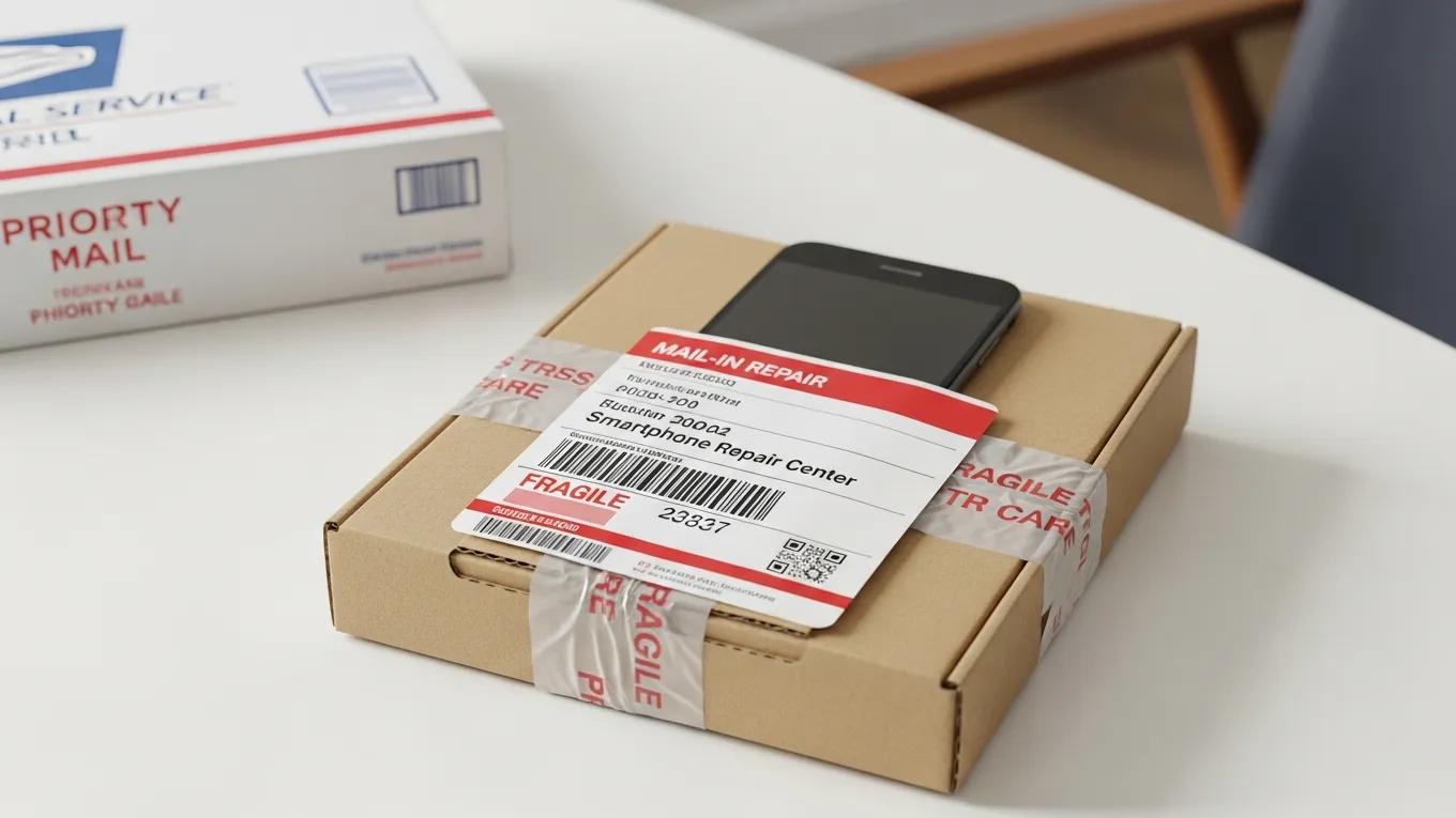 Smartphone packaged for mail-in repair with shipping instructions