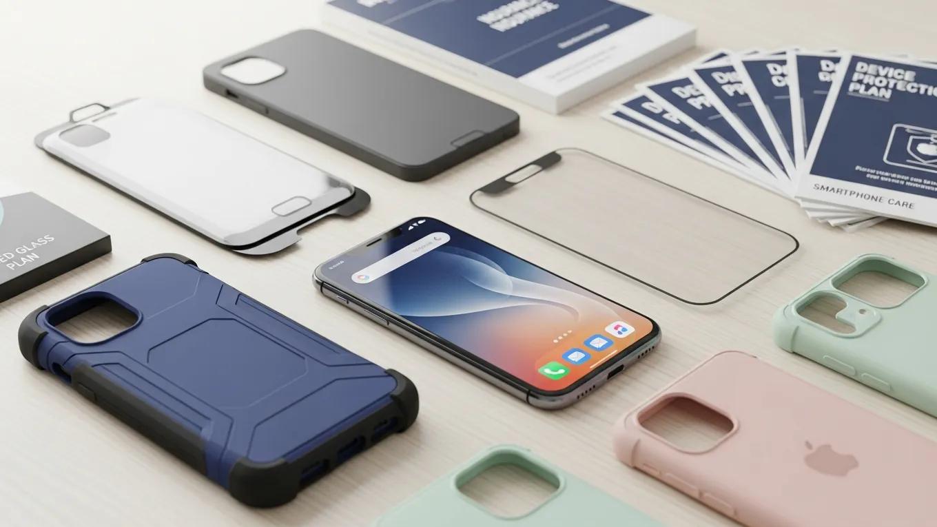 Smartphone protection accessories including cases and screen protectors arranged aesthetically