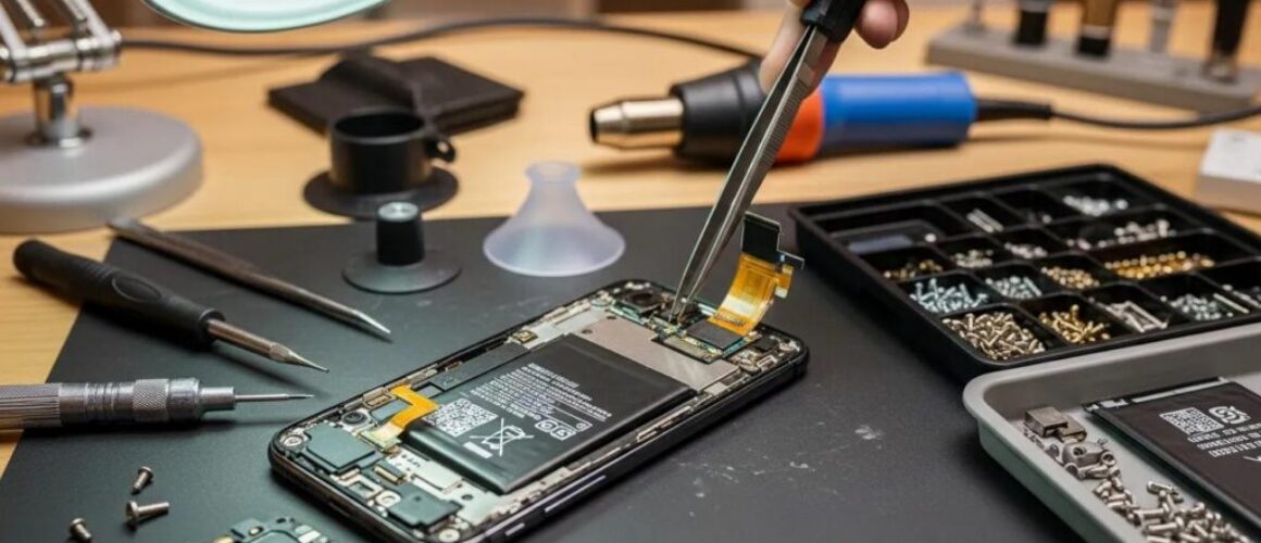 Smartphone repair process with tools and parts on a workbench