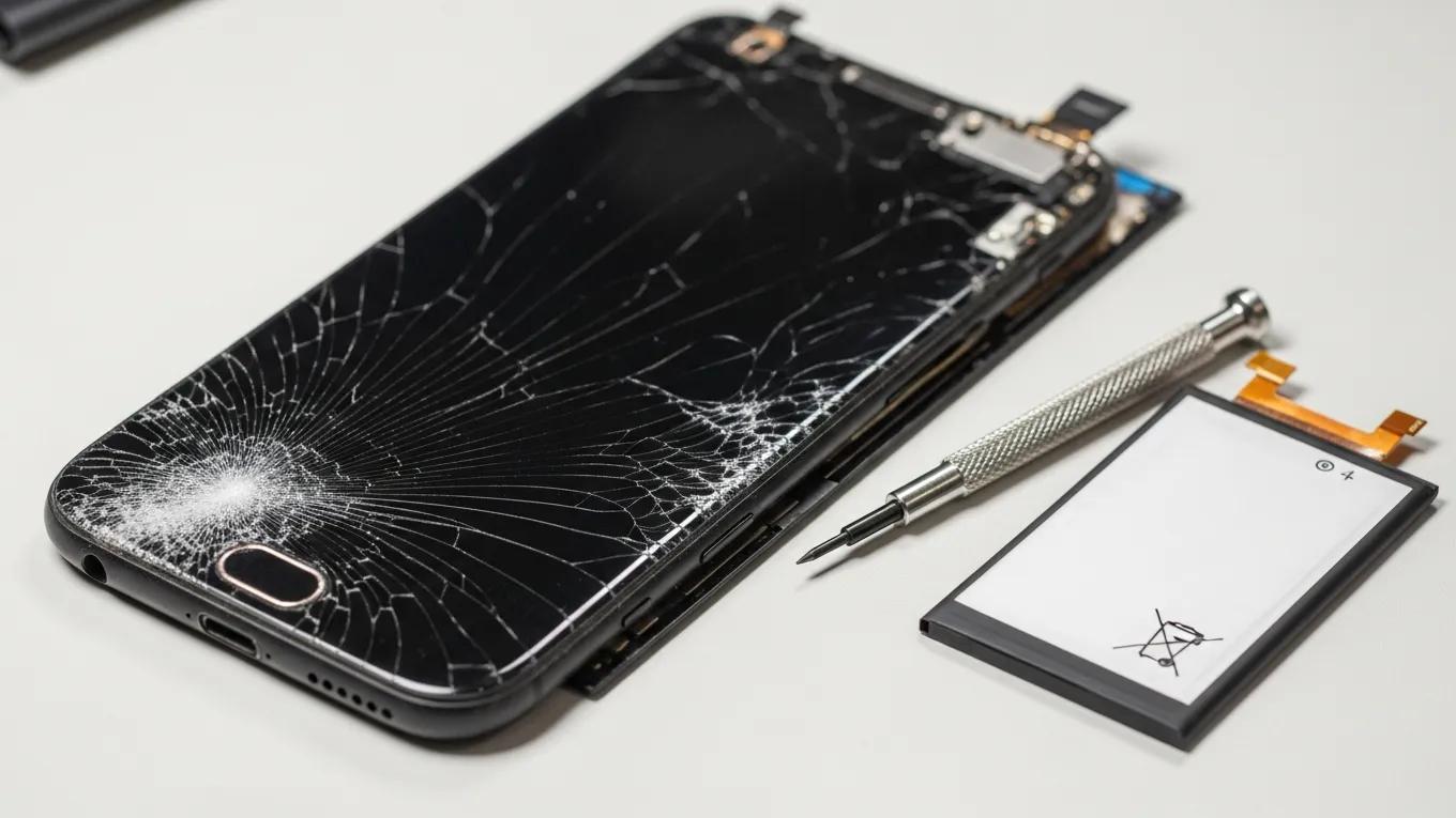 Smartphone showing common faults like a cracked screen and swollen battery, with repair tools nearby