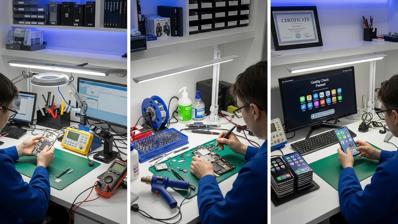 Stages of the phone repair process, including diagnosis, repair, and quality check in a repair shop