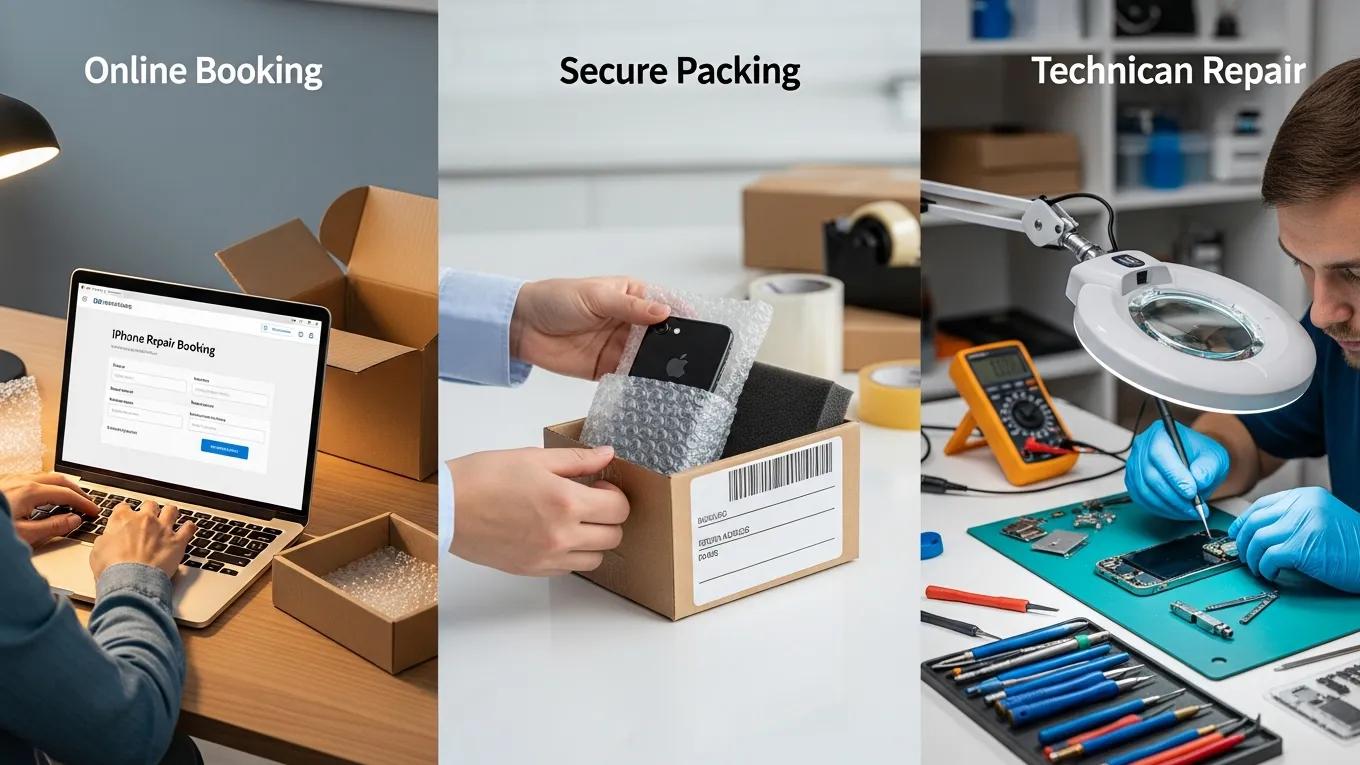 Steps of the postal iPhone repair process including booking, packing, and technician repair