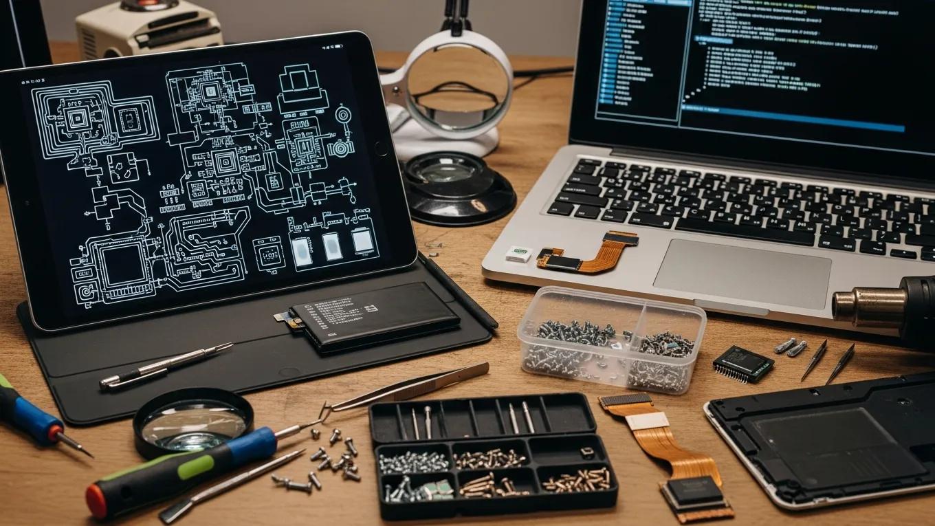 Tablet and laptop on a workbench with tools and replacement parts