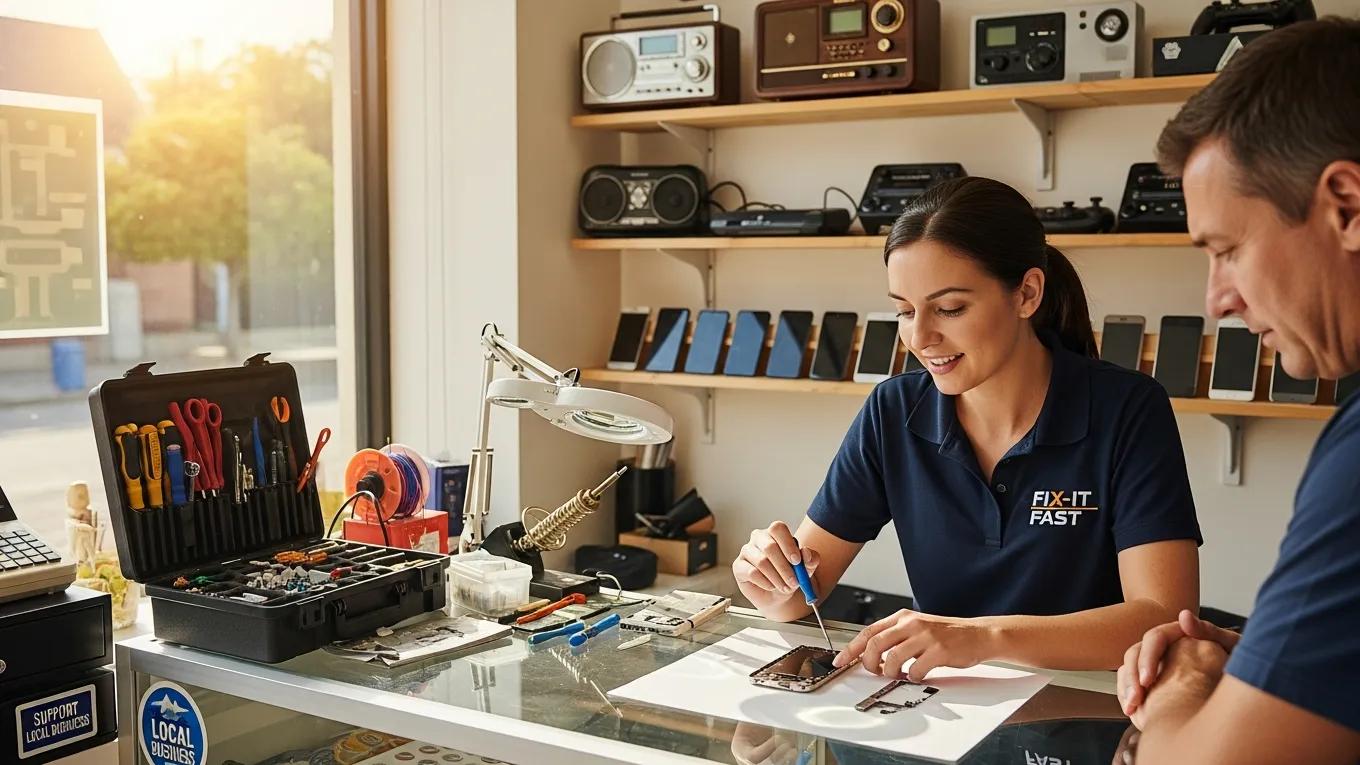 Technician assisting a customer in a local smartphone repair shop