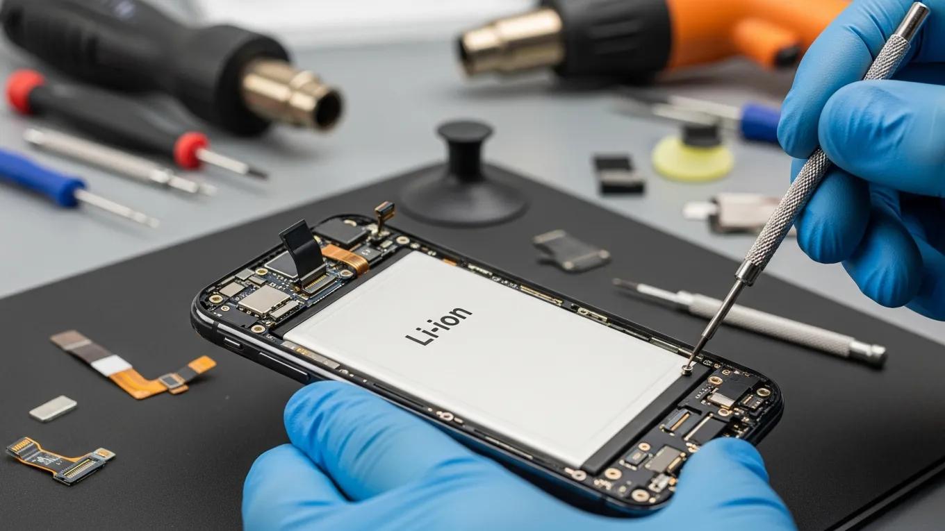 Technician installing a new smartphone battery in a repair shop