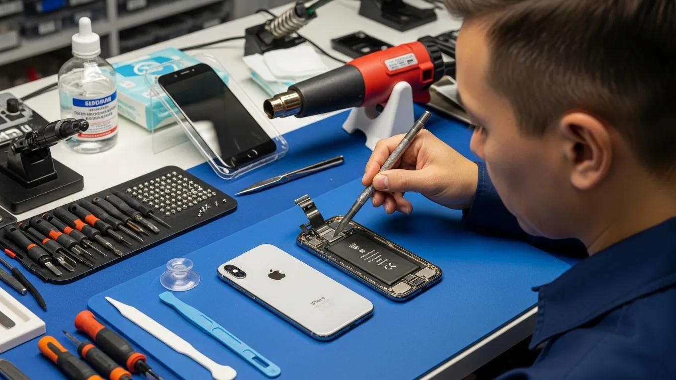 Technician performing an iPhone screen replacement in a professional workshop